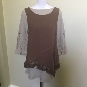 2 PAISLEY VINE brown taupe layered gauze tunic tops S
